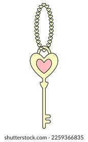 Yellow key in the shape heart  Love lock opener  Keychain from metal chain consisting hearts  Color vector illustration  Cartoon style  Isolated background  Key to the heart  