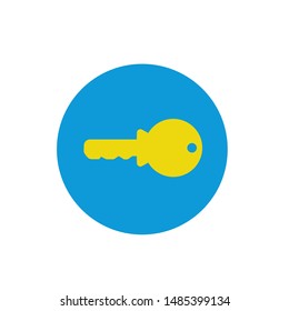 Yellow key sign icon vector in blue circle. Unlock tool symbol. Round flat vector icon illustration on white