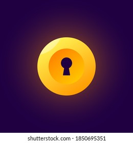 Yellow keyhole icon with a light glow on a dark purple background. Used for games, mobile and web interfaces, or printing. Editable EPS10