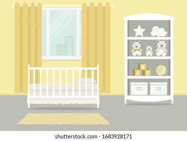 Habitación de niño amarillo para un bebé recién nacido. El interior de la habitación para un niño pequeño. Hay una cuna, un armario con juguetes y otras cosas en el fondo de la ventana. Ilustración del vector