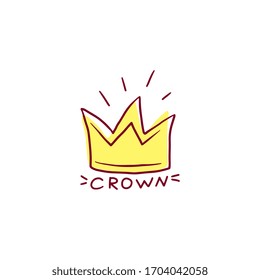 Yellow king crown doodle drawing isolated on white background - hand drawn royal icon with text under it. Flat vector illustration.