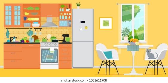 Yellow kitchen with furniture. Cozy modern kitchen interior with table, stove, cooker hood, kitchen drawers. Vector illustration. Flat style.