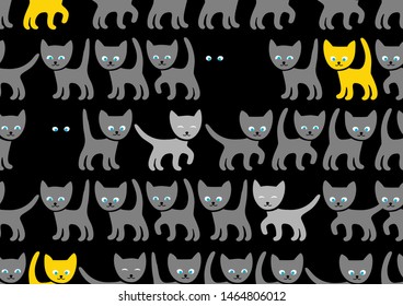 Yellow kittens on black background, seamless pattern, vector. Color, flat picture. Funny kittens.  