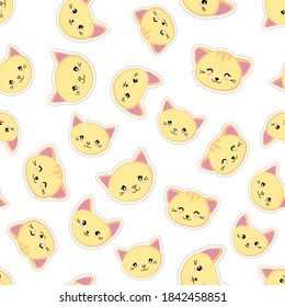 Yellow kittens on a white background. Cute kawaii cats seamless pattern. Vector illustration.