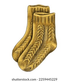 Yellow knit socks. Hand drawn socks illustration.