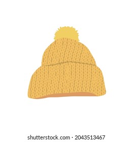 Yellow knitted wool hat with pom-poms on the white background