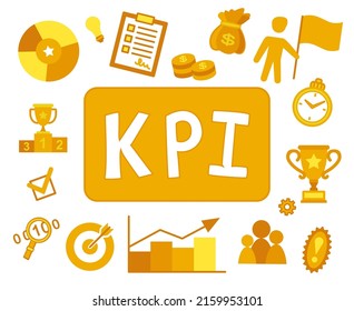 Afiche de concepto de kpi amarilla. Juego de iconos plano Concepto de indicadores clave de rendimiento. Ilustración vectorial de folletos, sitios web o decoración de aplicaciones.