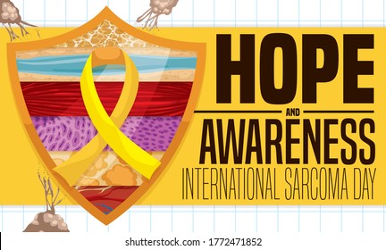 Yellow label, shield and ribbon protecting different type of connective and soft tissues from sarcoma, and promoting hope and awareness during International Sarcoma Day.