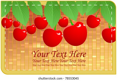 Yellow label stitched with mosaic background, cherries, green leaves and place for the inscription