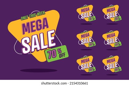 Yellow labels on purple background with 10, 20, 30, 40, 50, 60 and 70 percent off for big sales, offers and promotions