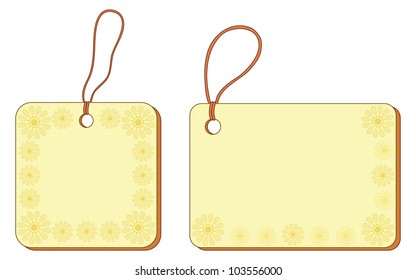 Yellow labels tags, square and rectangle, with floral pattern and ropes. Vector