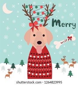 Yellow labrador retriever dog in a red Christmas sweater with antlers and Christmas ornaments, on a winter background with snowflakes, Christmas trees and deers. Vector file.  