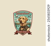 A yellow Labrador retriever wearing a camouflage vest is depicted in a vintage hunting logo design with ducks flying overhead.