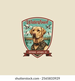 A yellow Labrador retriever wearing a camouflage vest is depicted in a vintage hunting logo design with ducks flying overhead.