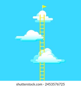 A yellow ladder leading to the flag above clouds for goals achievement. Vector of leadership concept