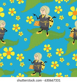 Yellow ladybug on leaves. Seamless pattern on a blue background.  Design for textiles, tapestries, packaging materials, bags, wallet, goods for children.