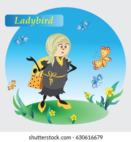 Yellow ladybug on the meadow. Drawing for kids. Nature. Cartoon characters. Design for banner, poster, children's goods, textiles, emblems, books, and background image.