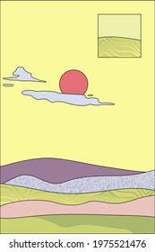 Yellow landscape design. Vector colorful design with textured mountains, pink sun, and lemon yellow sky. Modern template for blog posts, stories background, posters, banners, and more.