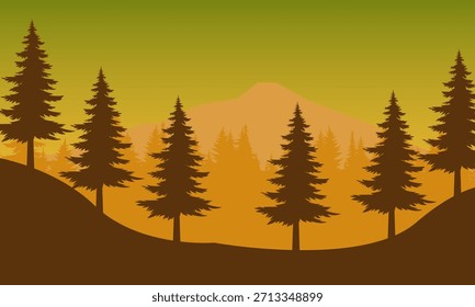 Uma paisagem amarela com pinheiros e montanhas. A imagem cria uma vista de natureza pacífica e cênica
