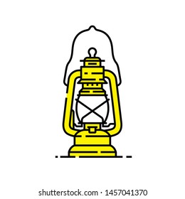 Yellow lantern line icon. Old lamp symbol. Kerosene camp light graphic. Vector illustration.