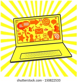 yellow laptop, inclined with red floating icons on the display network, on striped background yellow and white.