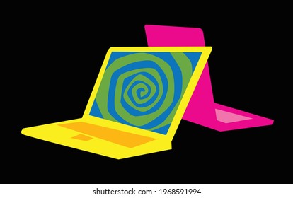 Yellow laptop, pink laptop. Two computers on the table. Vector image for illustrations.