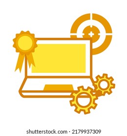 Yellow Laptop Tune Up And Testing Concept. Notebook Quality Tune Up And Bug Search Concept. Vector Illustration For Icon, Poster, Leaflet, Web Site Or Application Decor.