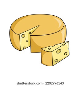 Yellow large cheese head with a cut piece, triangular piece of cheese, cartoon-style vector on a white background