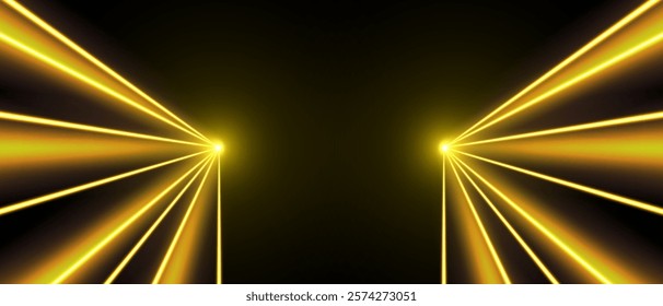 Yellow laser beams, concert or nightclub spotlights light effect. Lasers in motion, abstract perspective background.