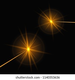 Yellow laser rays on a black background. Bright vector illustration with light effect