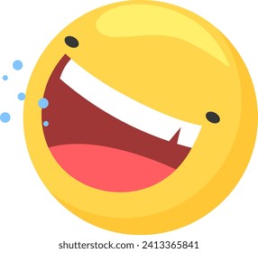 Yellow laughing emoji with open mouth and closed eyes, showing teeth with blue bubbles. Joyful emoticon expression of happiness vector illustration.