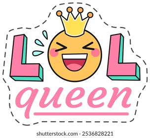 Yellow laughing emoji wearing golden crown with pink lol letters and queen writing, joyful, funny, playful vector illustration