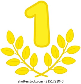 Yellow laurel with number one, vector emblem isolated on white background, symbol of award and victory. First place and prize design with golden lauren wreath. Graphic sign emblem, best champion