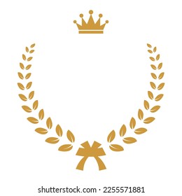 Yellow laurel wreath with crown icon vector illustration. Winner award with leaves and crown silhouette, trophy, gold certificate or birthday congratulation for ceremony isolated on white.