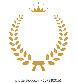 Yellow laurel wreath with crown icon vector illustration. Winner award with leaves and crown silhouette, trophy, gold certificate or birthday congratulation for ceremony isolated on white.