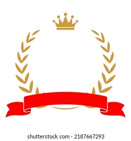 Yellow laurel wreath and red ribbon set vector illustration. Winner award with leaves and crowns silhouettes, trophy, gold certificate or birthday congratulation for ceremony isolated on white.