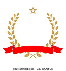 Yellow laurel wreath with star and red ribbon icon vector illustration. Winner award with leaves silhouette, trophy, gold certificate or birthday congratulation for ceremony isolated on white.