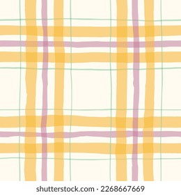 Yellow, Lavender and Sage Watercolor Hand-Drawn Plaid Vector Seamless Pattern. Romantic Artistic Cottagecore Checks. Homestead Farmhouse Print. Pastel Summer Graphic Background