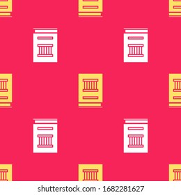 Yellow Law book icon isolated seamless pattern on red background. Legal judge book. Judgment concept.  Vector Illustration