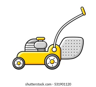 Yellow lawn mower icon isolated.