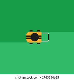 Yellow lawn mower on wheels in the process of cutting a green lawn in an abstract garden with trimmed grass top view vector illustration