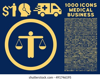 Yellow Lawyer vector rounded icon. Image style is a flat icon symbol inside a circle, blue background. Bonus set includes 1000 health care business pictographs.