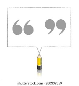 Yellow Lead Pencil with Reflection Drawing Solid Quotation Marks in Rectangular Speech Bubble on White Background