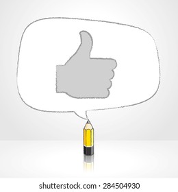 Yellow Lead Pencil with Reflection Drawing Thumbs Up Symbol in irregular shaped Speech Bubble on Pale Background