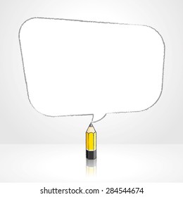 Yellow Lead Pencil with Reflection Drawing Smooth Skewed Rectangular Shaped Speech Bubble on Pale Background