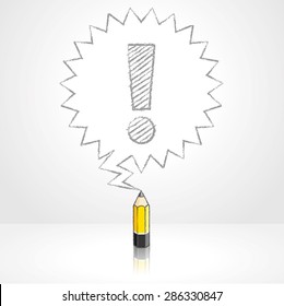 Yellow Lead Pencil with Reflection Drawing Exclamation Mark in Pointed Starburst Speech Bubble on Pale Grey Background