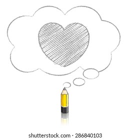 Yellow Lead Pencil with Reflection Drawing Heart Icon in Fluffy Cloud Shaped Think Bubble on White Background