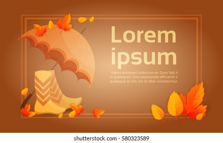 Yellow Leaf Autumn Umbrella Boots Fall Banner Abstract Background Flat Vector Illustration