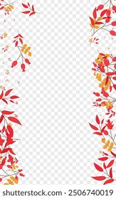 Yellow Leaf Background Transparent Vector. Leaves Label Texture. Red Herb Modern. Border Template. Berries Drawn.