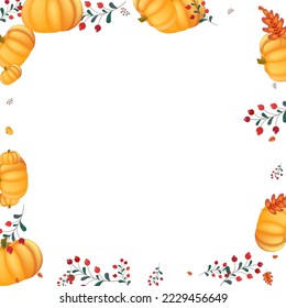 Yellow Leaf Background White Vector. Gourd Drawing. Green Autumn Template. Wreath Frame. Colorful Pumpkin Park Border.